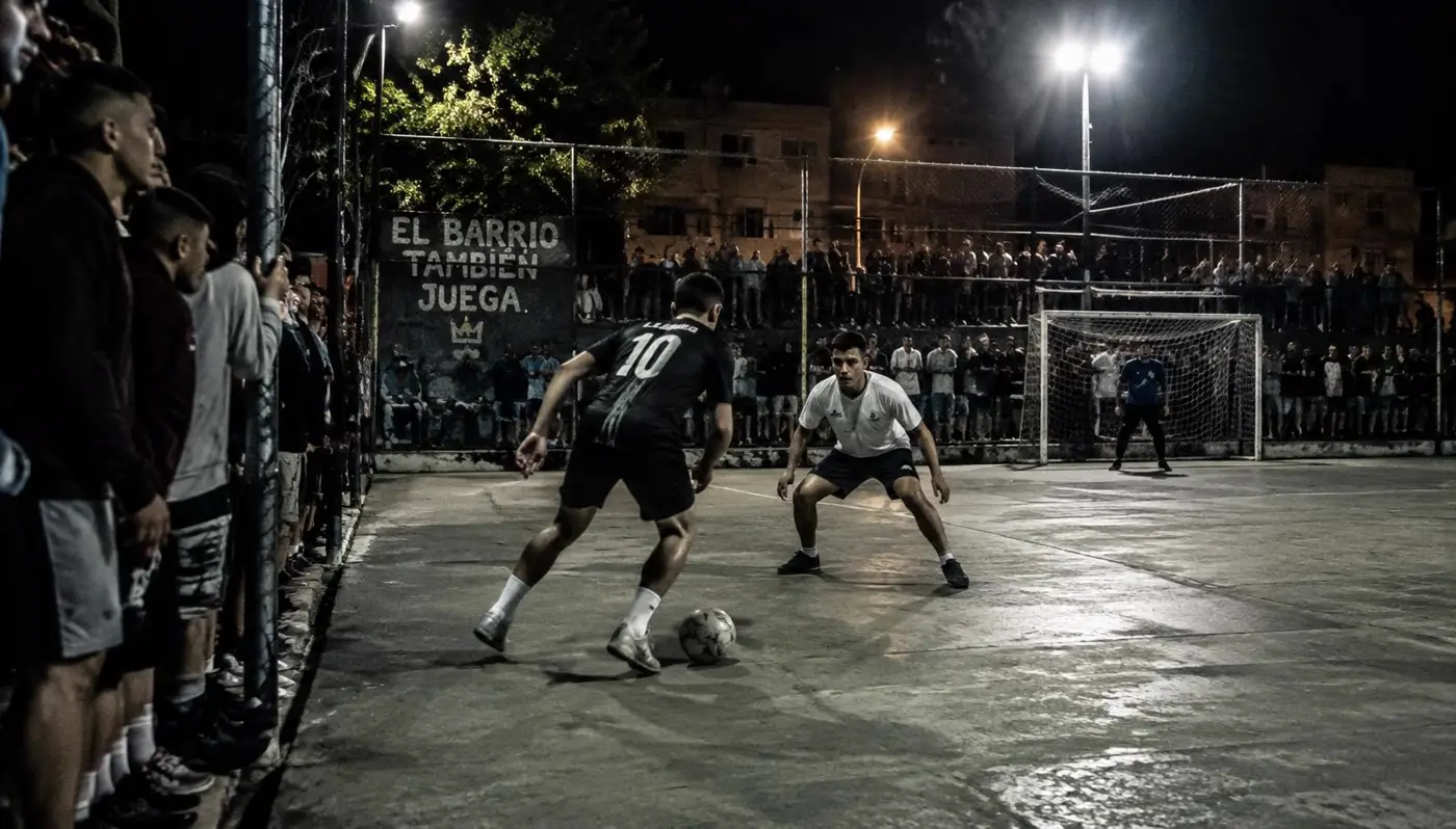 Partido nocturno de fútbol callejero rodeado de público